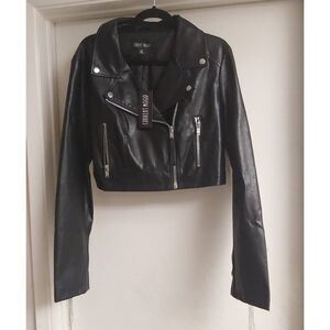 NWT~Dolls Kill Current Mood Black Vegan Leather Moto Jacket w/Silver Fringe XL